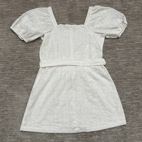 Ann Taylor Loft Dress Women 12 White Eyelet Lace Belted Puff Sleeve Resort Beach - Picture 6 of 15